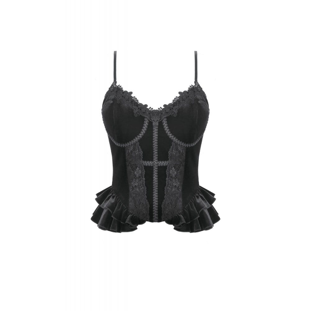 Darkinlove Women's Gothic Cross Trimmed Ruffled Velvet Top