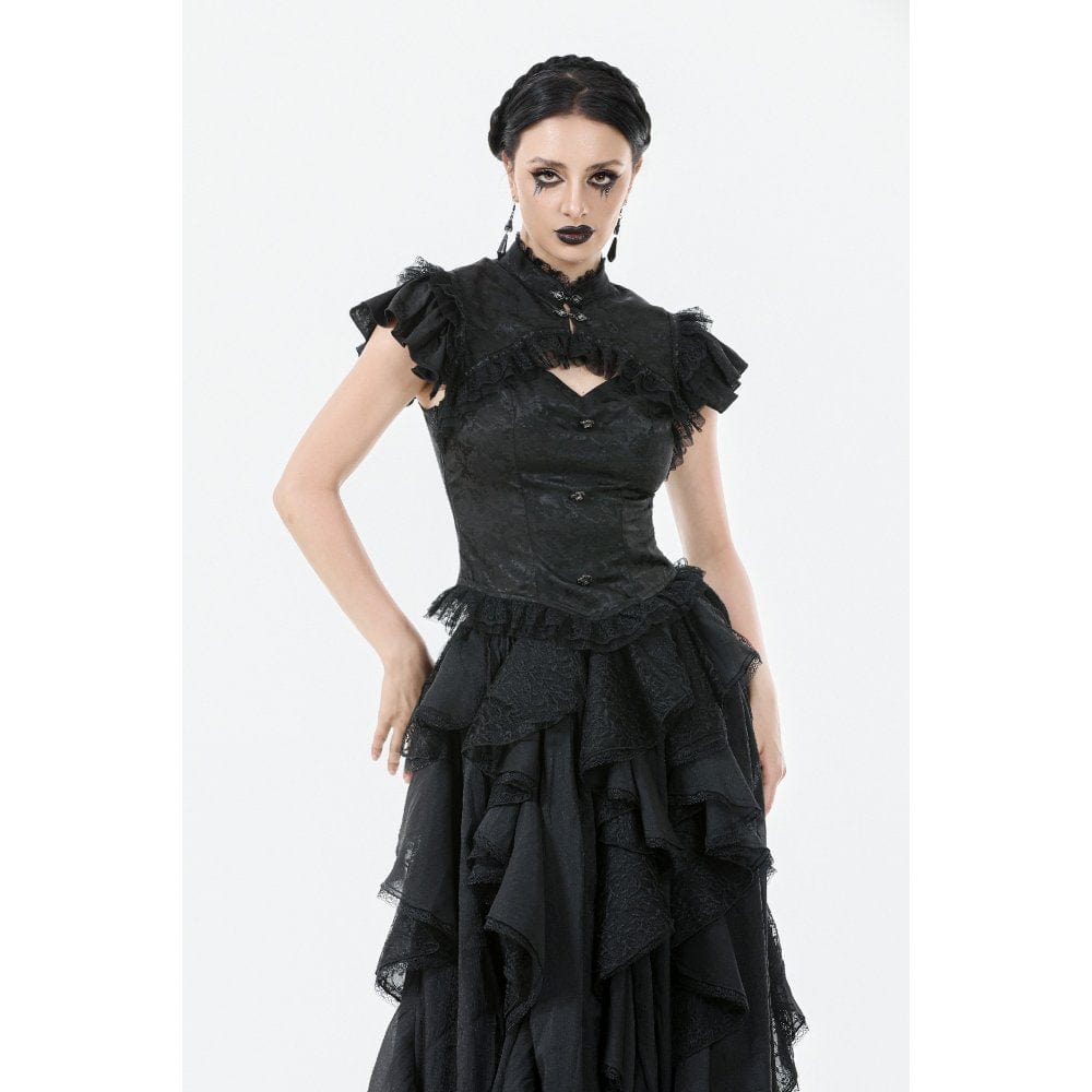 Darkinlove Women's Gothic Cutout Lace Ruffles Jacquard Short Sleeved Shirt