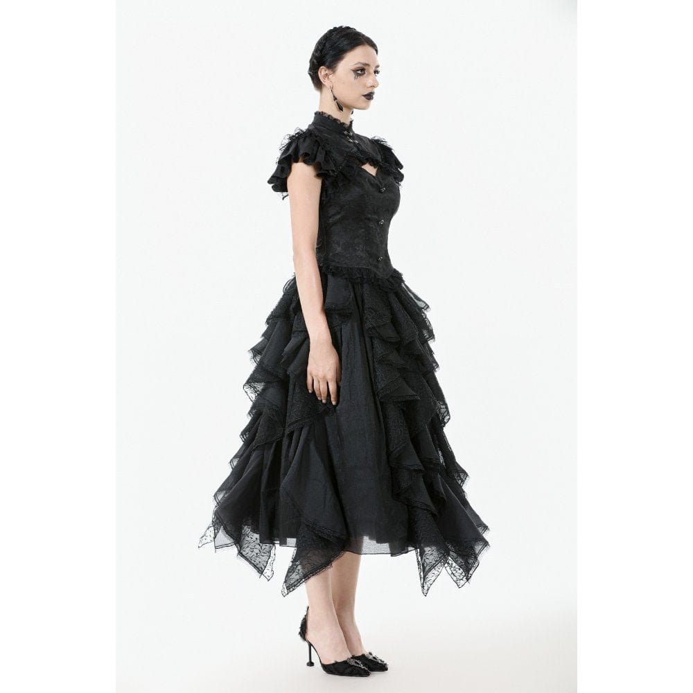 Darkinlove Women's Gothic Cutout Lace Ruffles Jacquard Short Sleeved Shirt