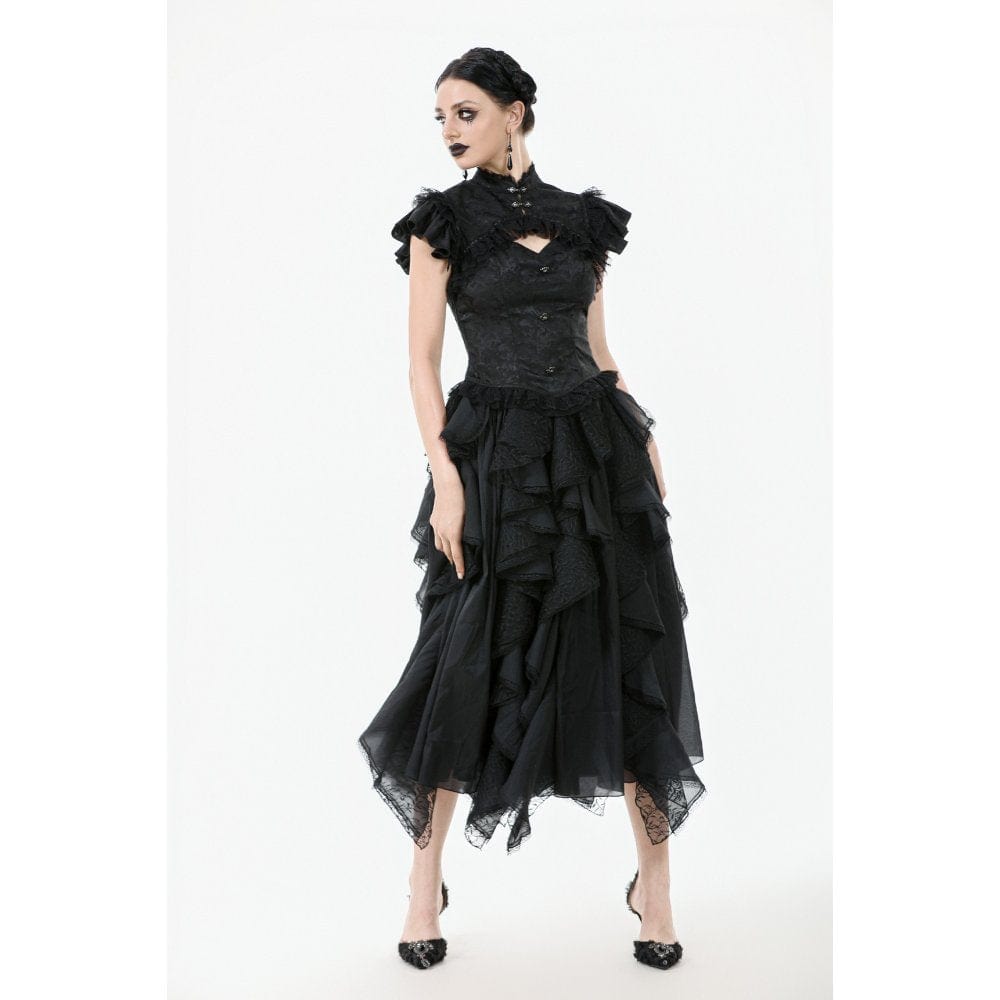 Darkinlove Women's Gothic Cutout Lace Ruffles Jacquard Short Sleeved Shirt