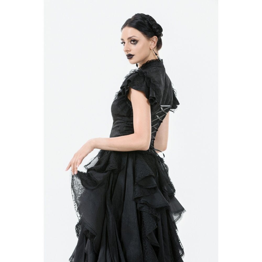 Darkinlove Women's Gothic Cutout Lace Ruffles Jacquard Short Sleeved Shirt