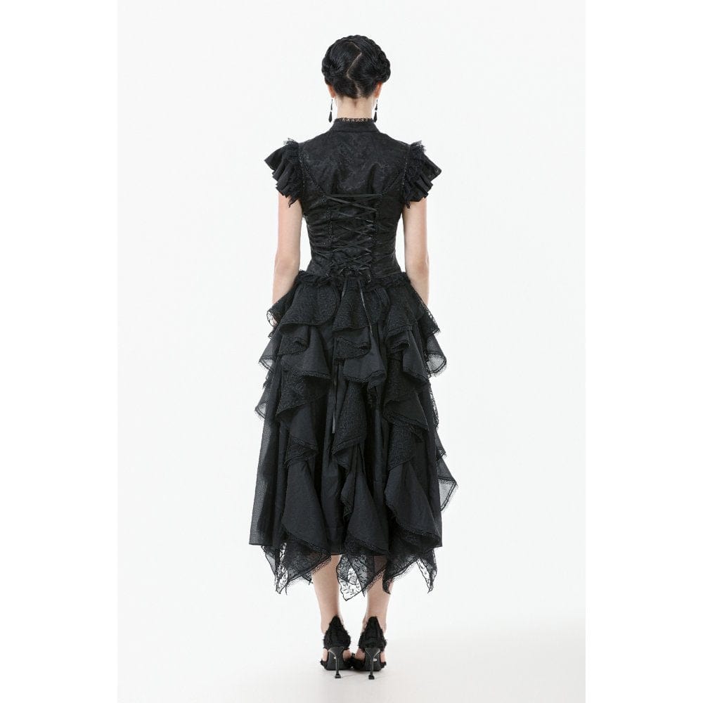 Darkinlove Women's Gothic Cutout Lace Ruffles Jacquard Short Sleeved Shirt