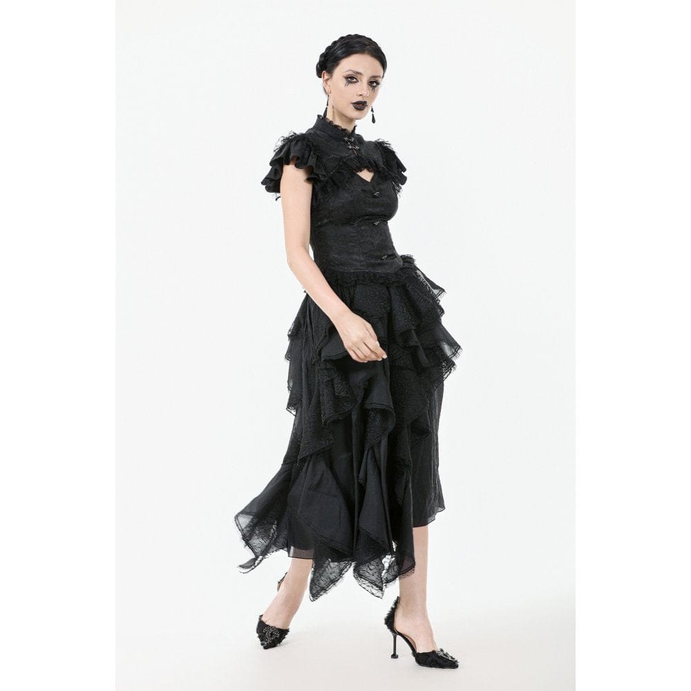 Darkinlove Women's Gothic Cutout Lace Ruffles Jacquard Short Sleeved Shirt