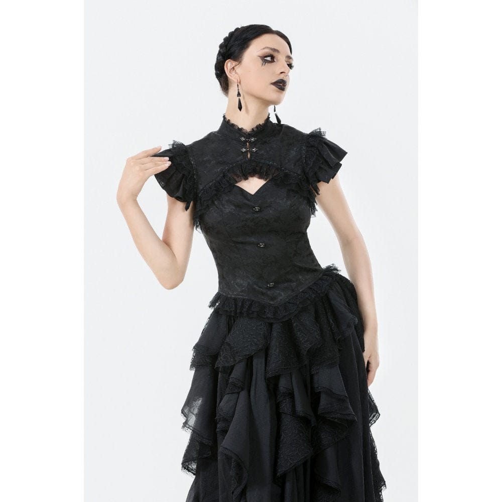 Darkinlove Women's Gothic Cutout Lace Ruffles Jacquard Short Sleeved Shirt