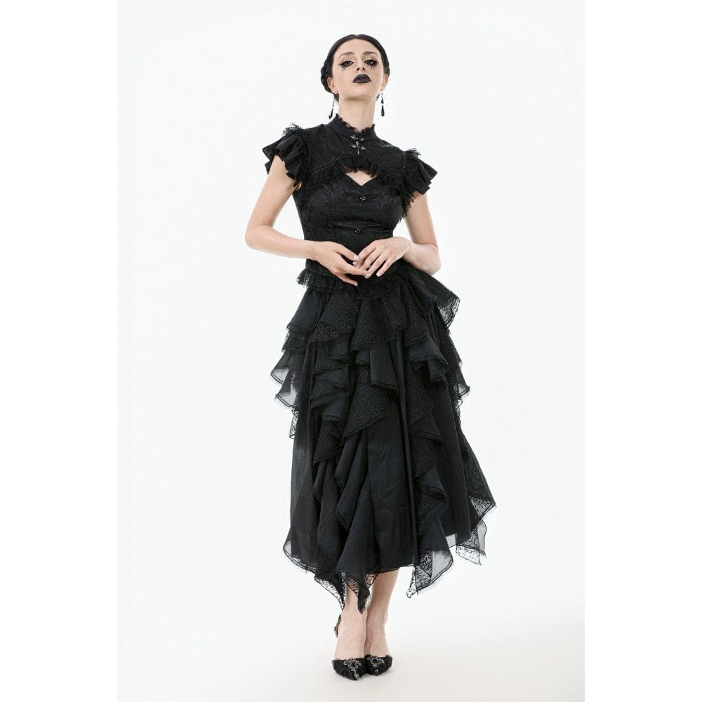 Darkinlove Women's Gothic Cutout Lace Ruffles Jacquard Short Sleeved Shirt