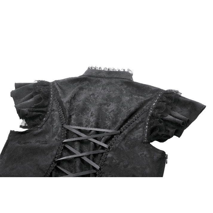Darkinlove Women's Gothic Cutout Lace Ruffles Jacquard Short Sleeved Shirt