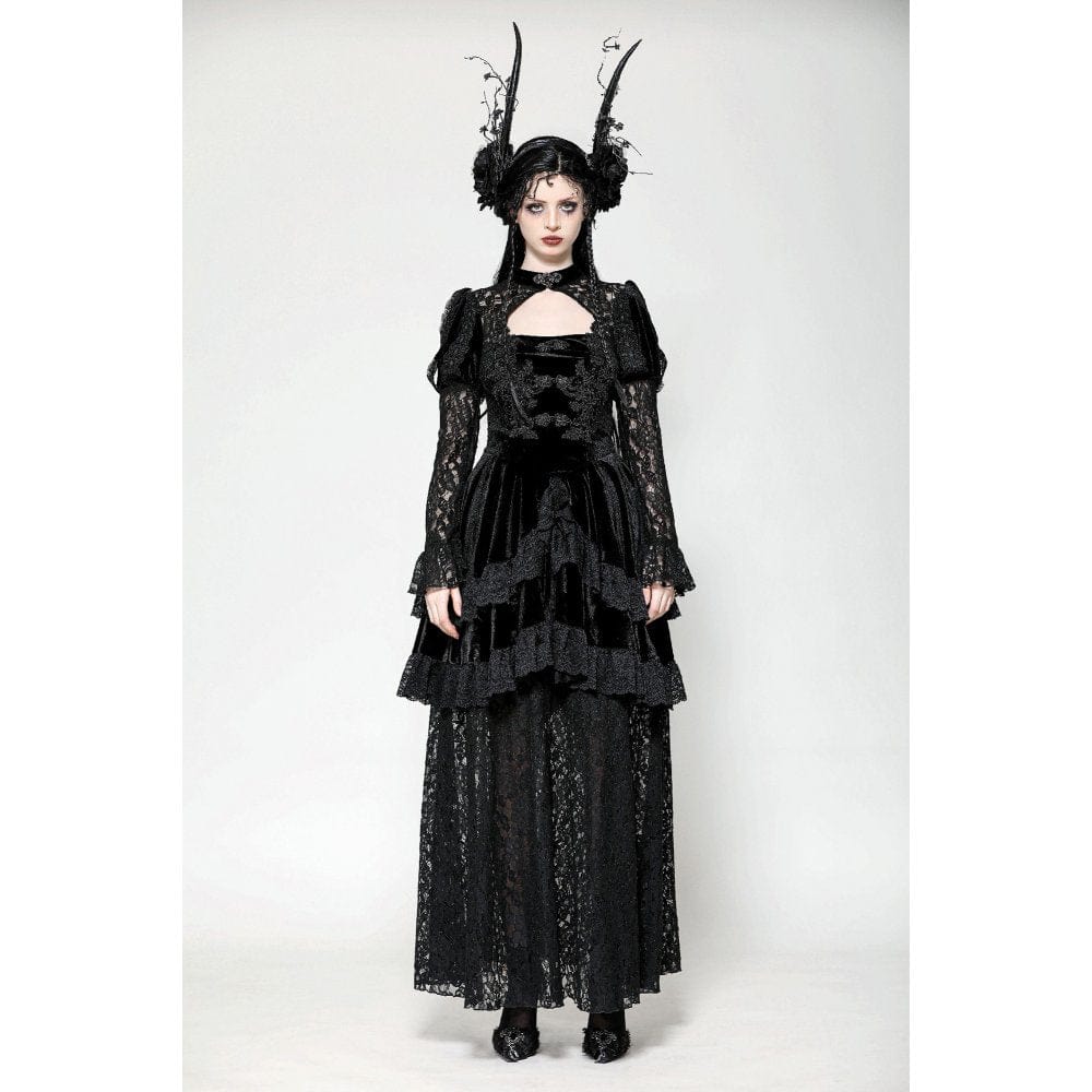 Darkinlove Women's Gothic Cutout Lace Splice Velvet Evening Dress