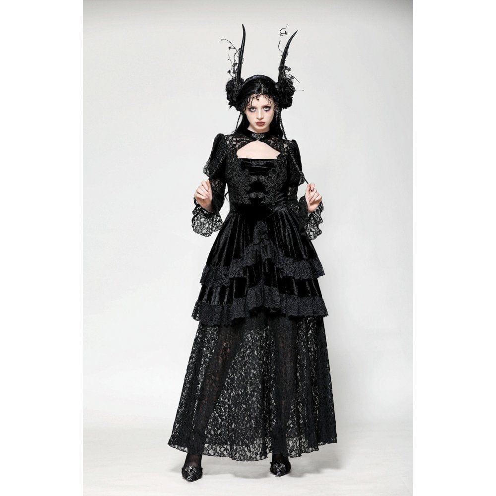 Darkinlove Women's Gothic Cutout Lace Splice Velvet Evening Dress