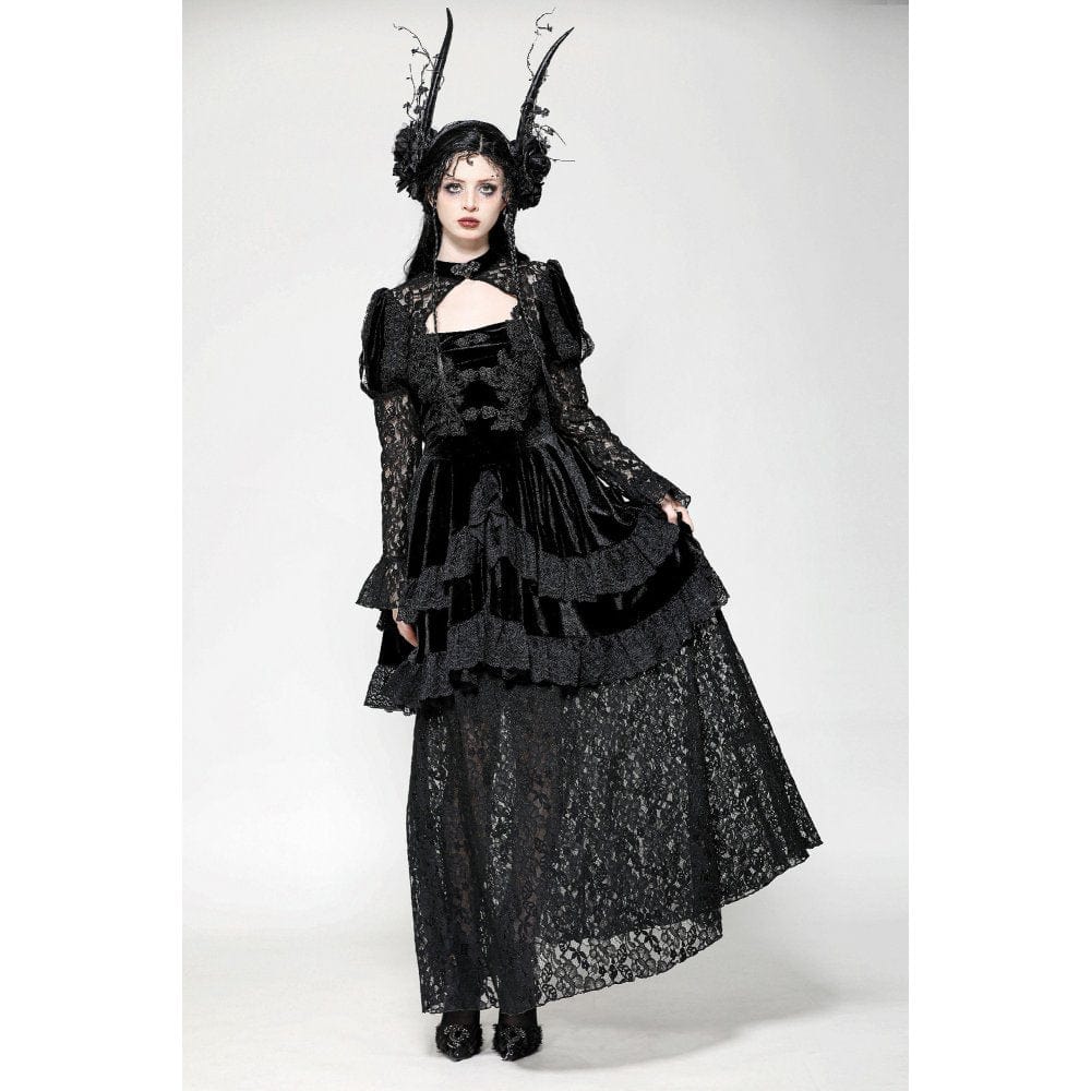 Darkinlove Women's Gothic Cutout Lace Splice Velvet Evening Dress