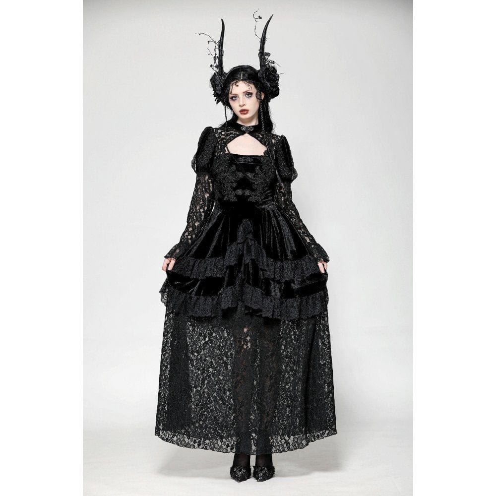 Darkinlove Women's Gothic Cutout Lace Splice Velvet Evening Dress
