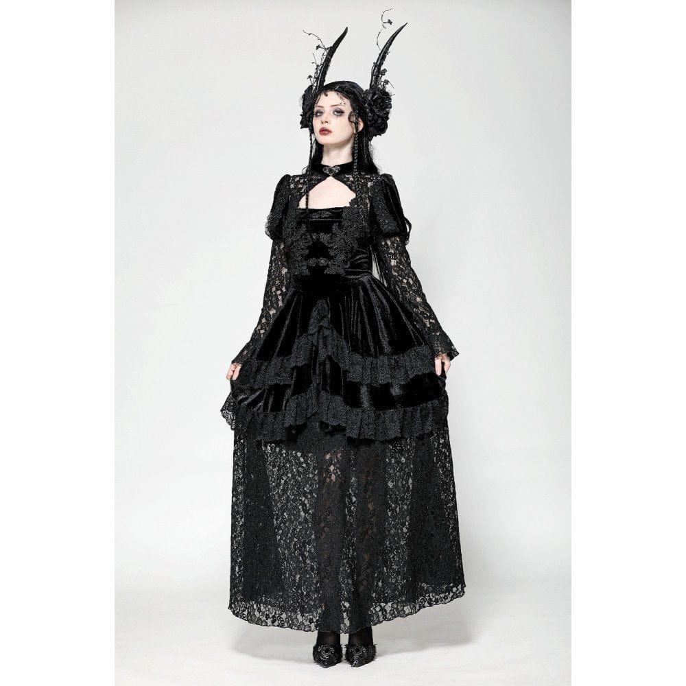 Darkinlove Women's Gothic Cutout Lace Splice Velvet Evening Dress