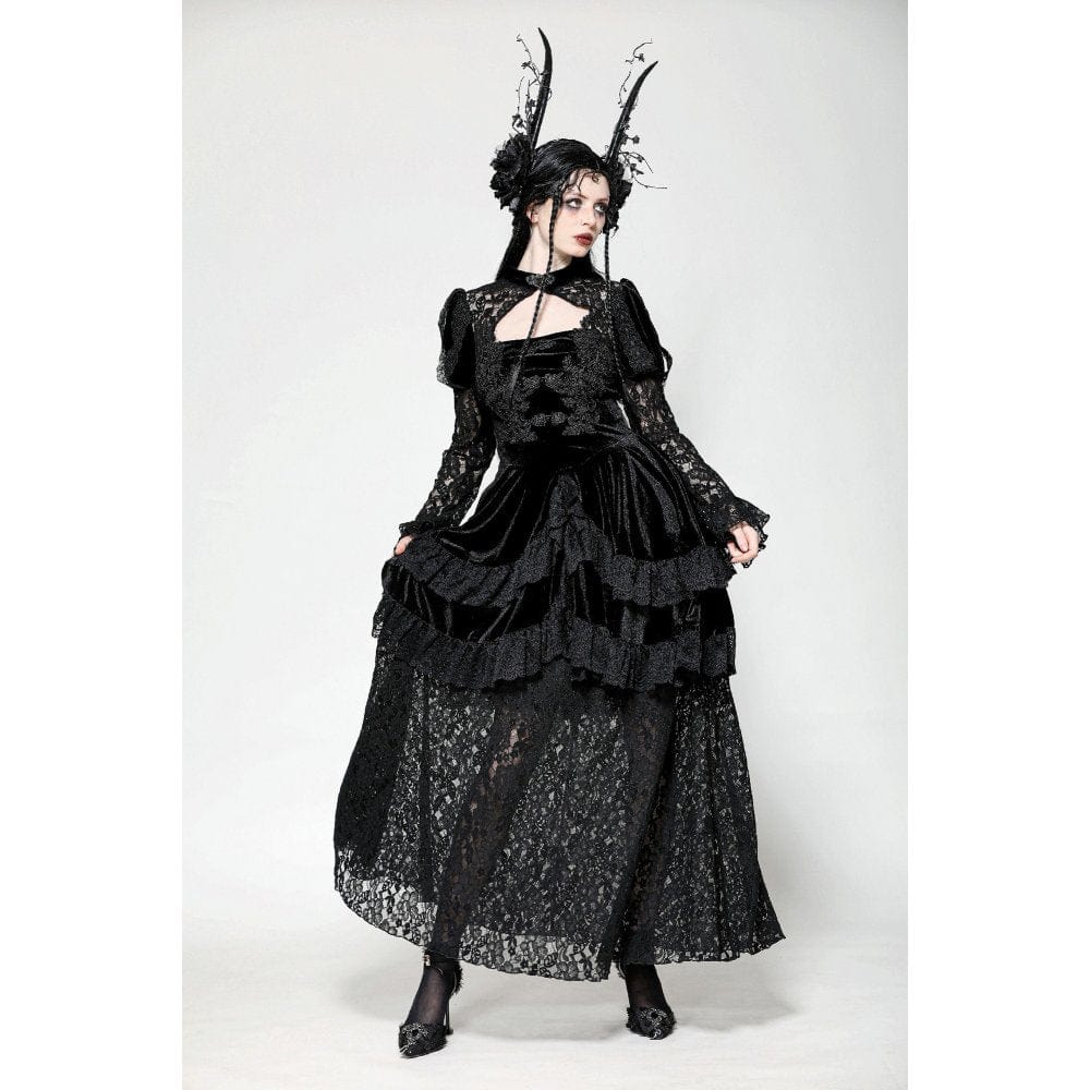 Darkinlove Women's Gothic Cutout Lace Splice Velvet Evening Dress