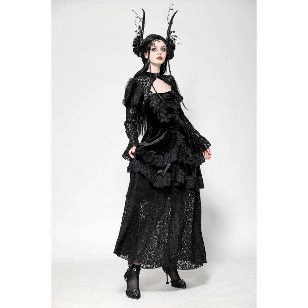 Darkinlove Women's Gothic Cutout Lace Splice Velvet Evening Dress