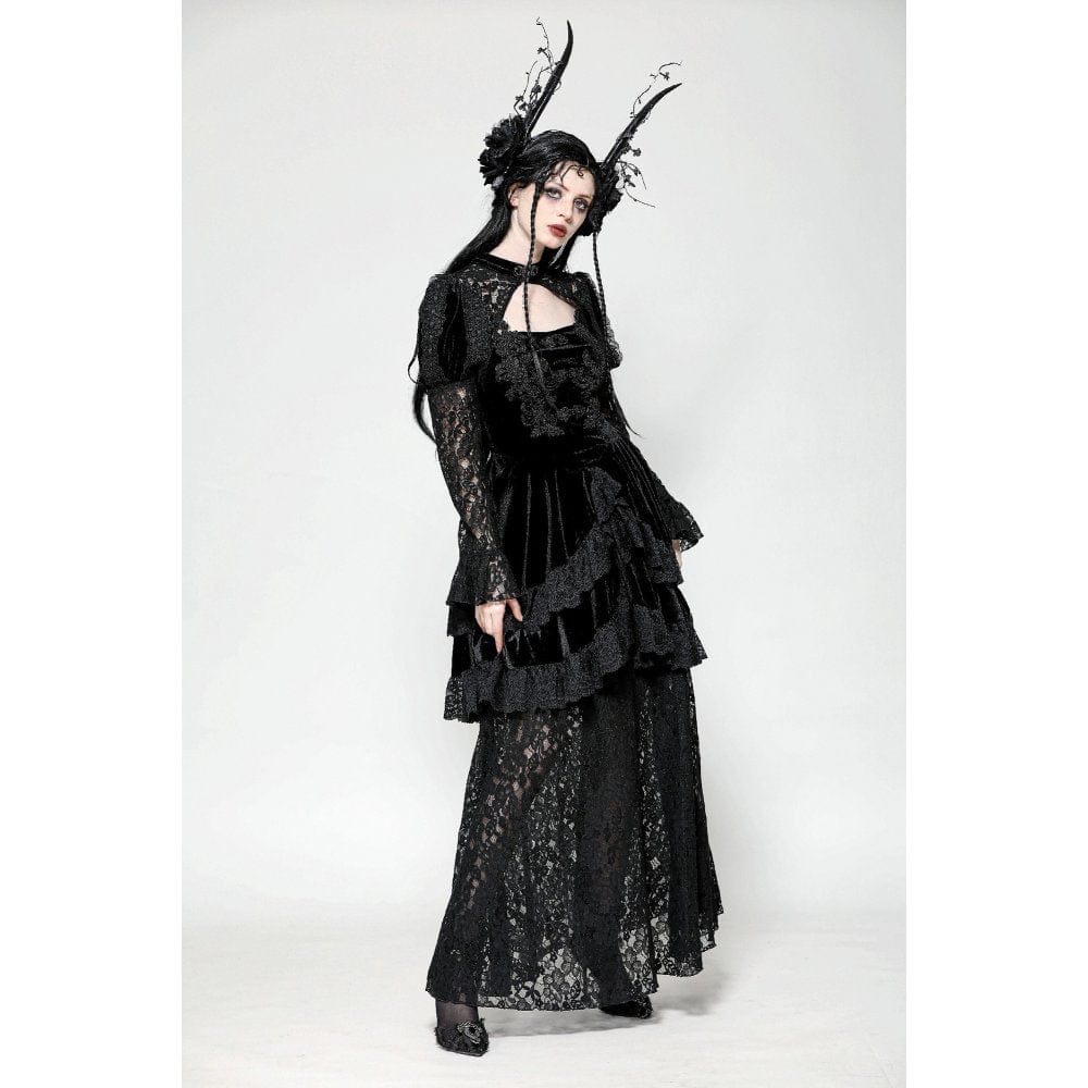 Darkinlove Women's Gothic Cutout Lace Splice Velvet Evening Dress