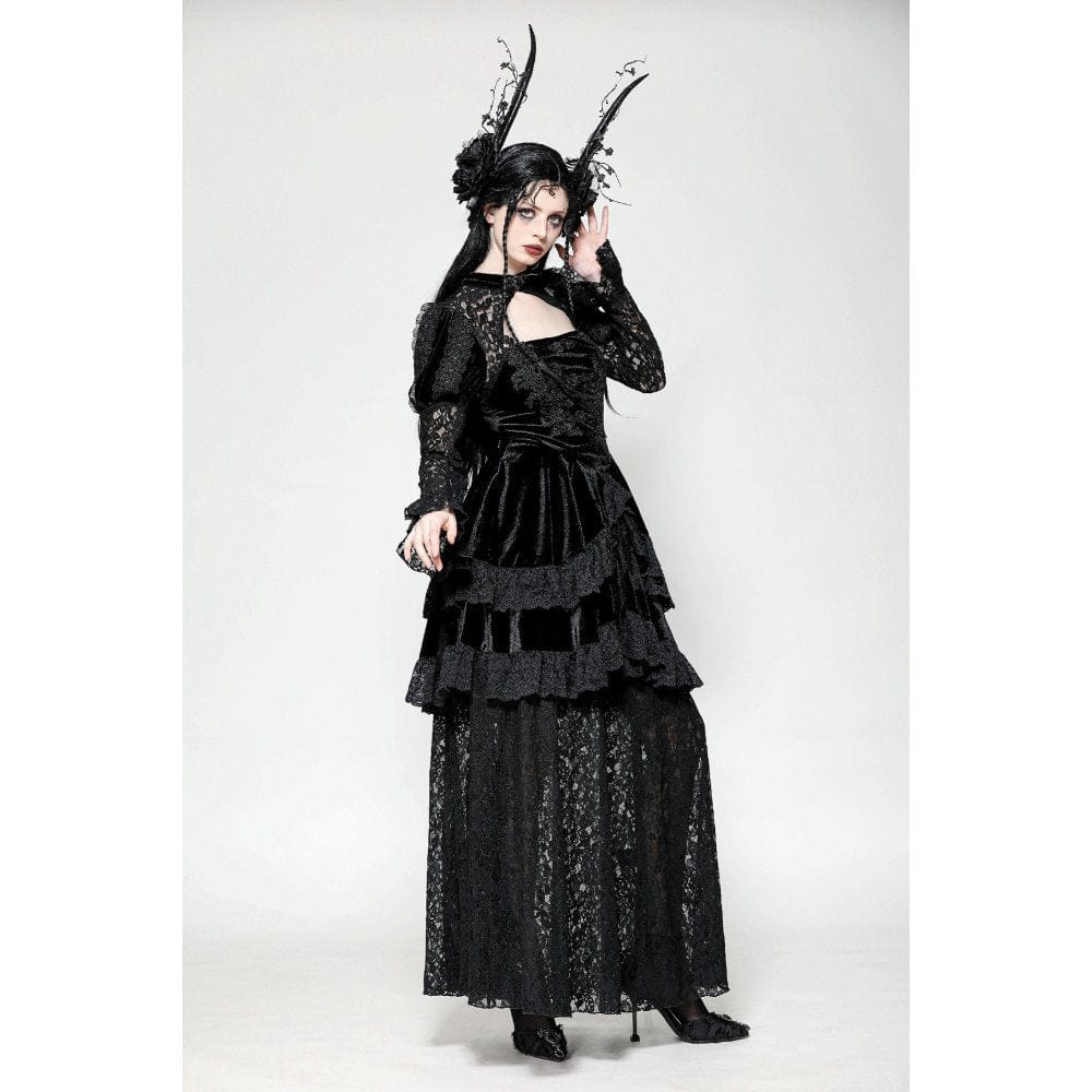 Darkinlove Women's Gothic Cutout Lace Splice Velvet Evening Dress