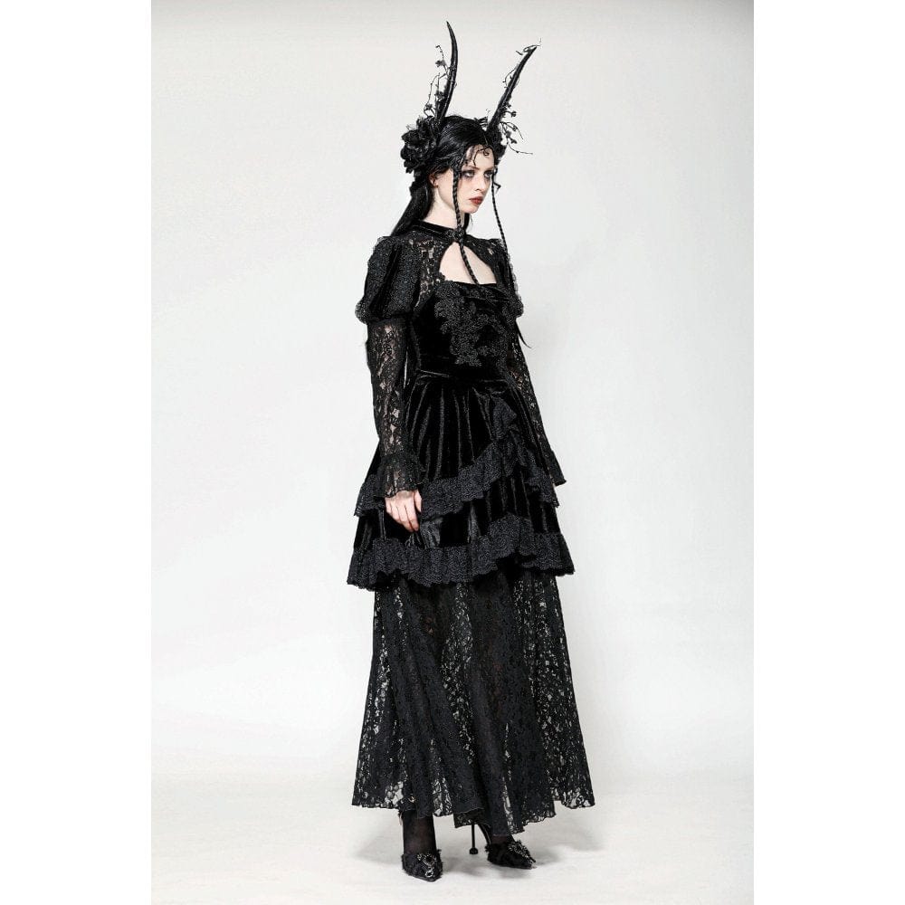Darkinlove Women's Gothic Cutout Lace Splice Velvet Evening Dress