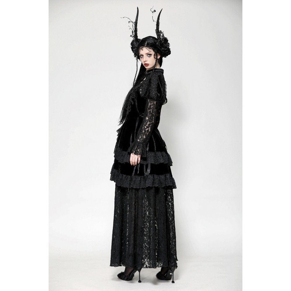 Darkinlove Women's Gothic Cutout Lace Splice Velvet Evening Dress