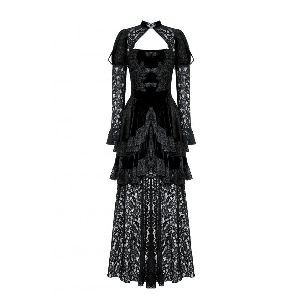 Darkinlove Women's Gothic Cutout Lace Splice Velvet Evening Dress