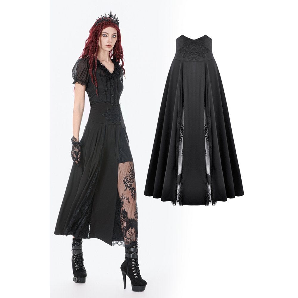 Darkinlove Women's Gothic Decal Floral Mesh High Waist Long Skirt