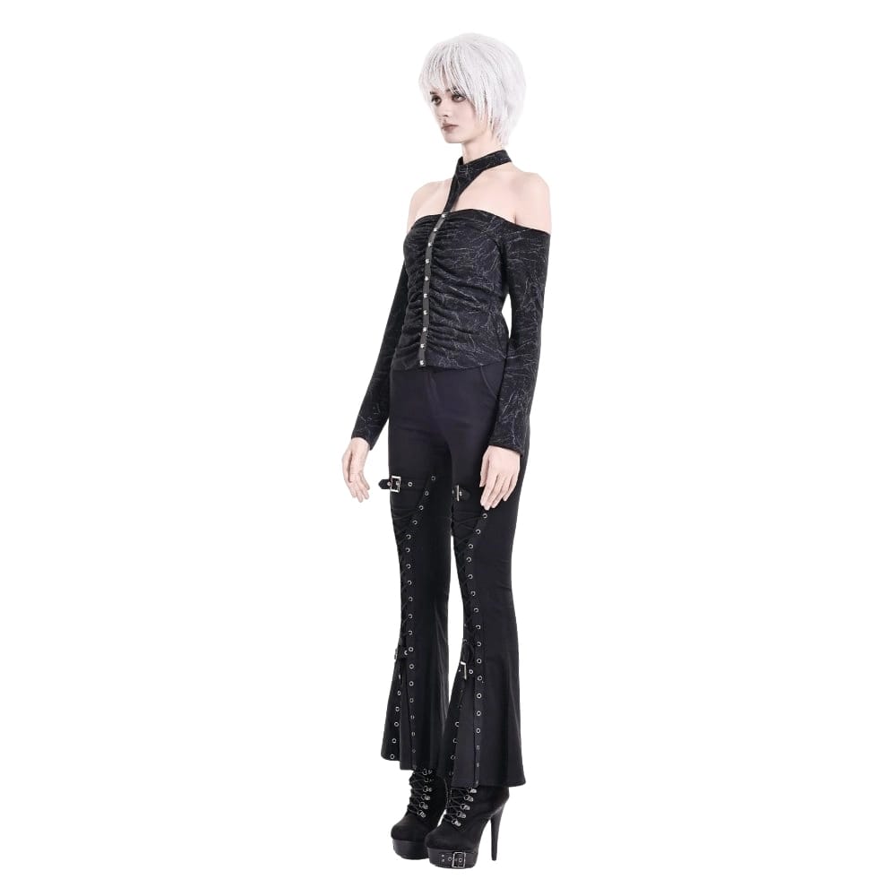 Darkinlove Women's Gothic Distressed Texture Ruched Off‑shoulder Halter Long Sleeve Top