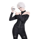 Darkinlove Women's Gothic Distressed Texture Ruched Off‑shoulder Halter Long Sleeve Top