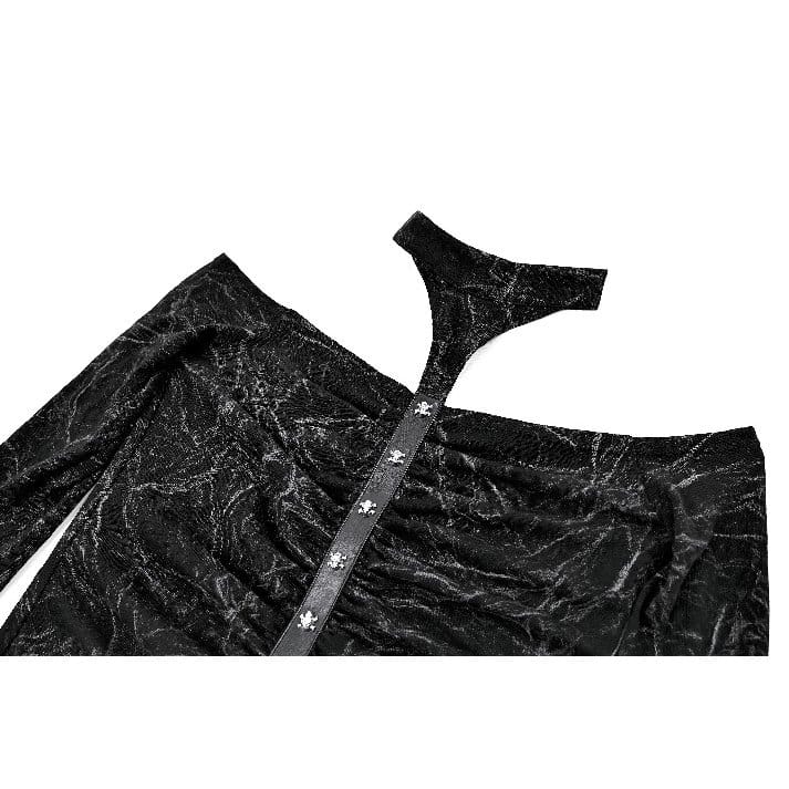 Darkinlove Women's Gothic Distressed Texture Ruched Off‑shoulder Halter Long Sleeve Top