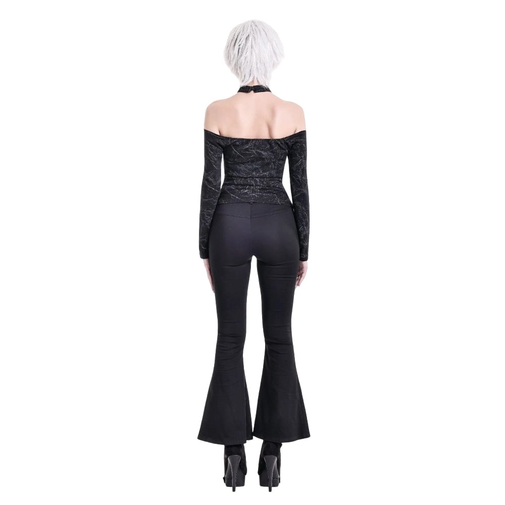 Darkinlove Women's Gothic Distressed Texture Ruched Off‑shoulder Halter Long Sleeve Top