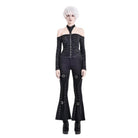 Darkinlove Women's Gothic Distressed Texture Ruched Off‑shoulder Halter Long Sleeve Top