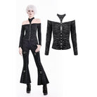 Darkinlove Women's Gothic Distressed Texture Ruched Off‑shoulder Halter Long Sleeve Top