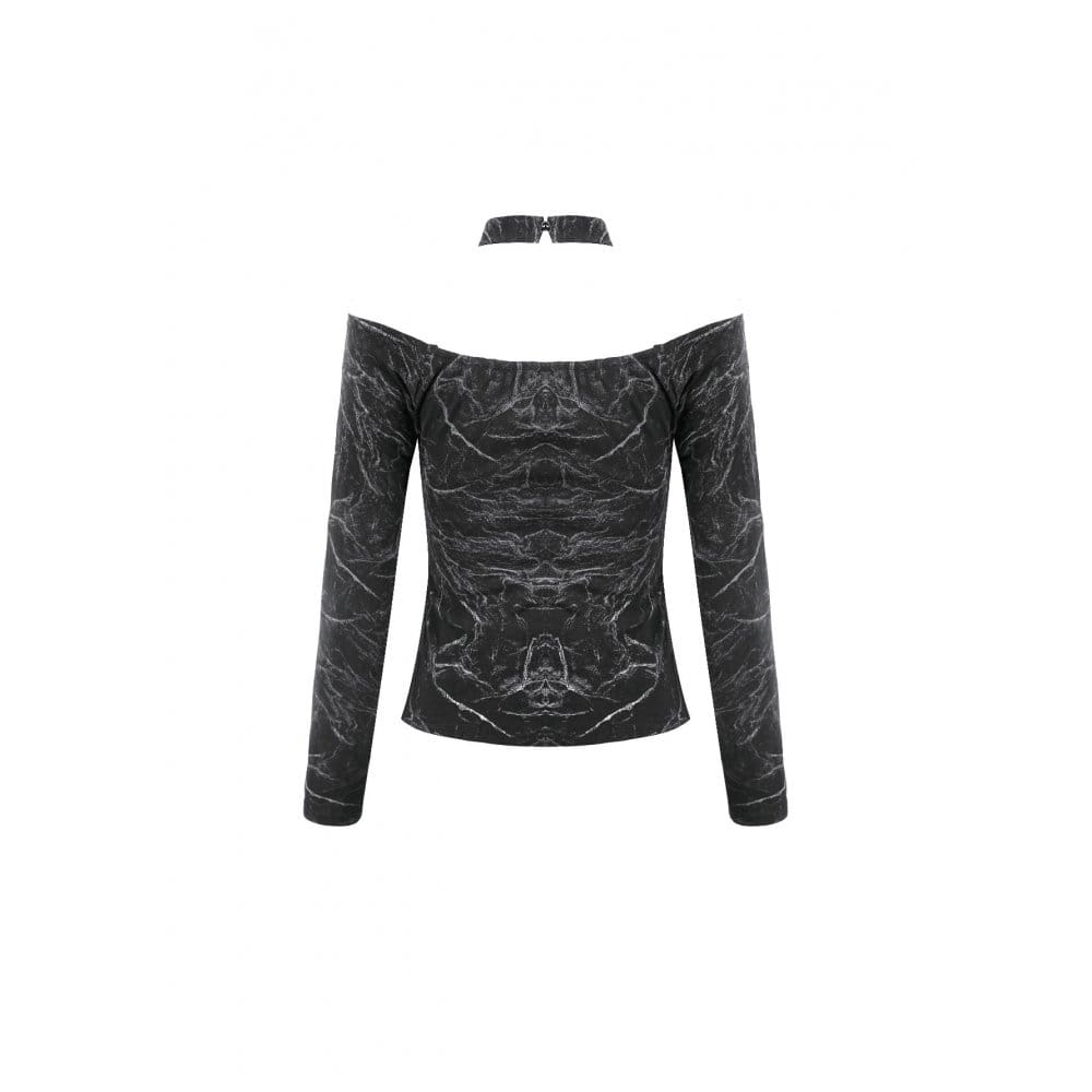 Darkinlove Women's Gothic Distressed Texture Ruched Off‑shoulder Halter Long Sleeve Top
