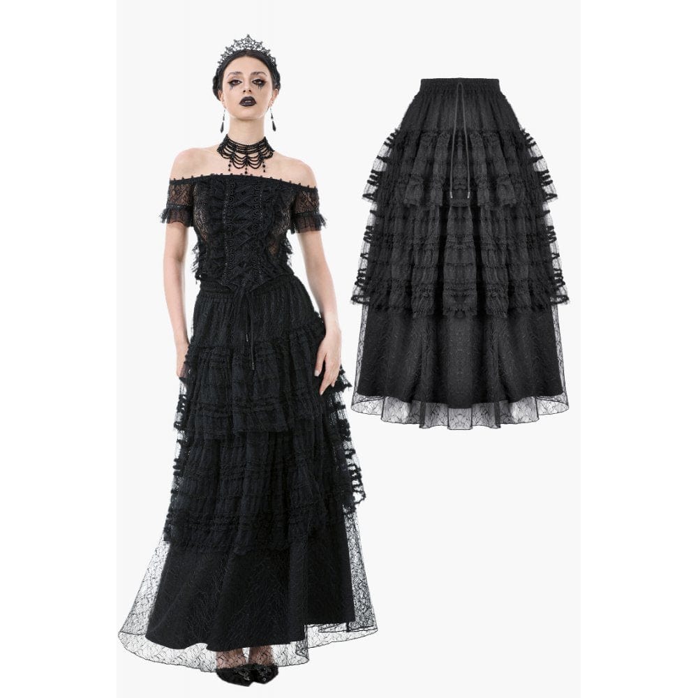 Darkinlove Women's Gothic Dot Multilayer Lace Maxi Skirt