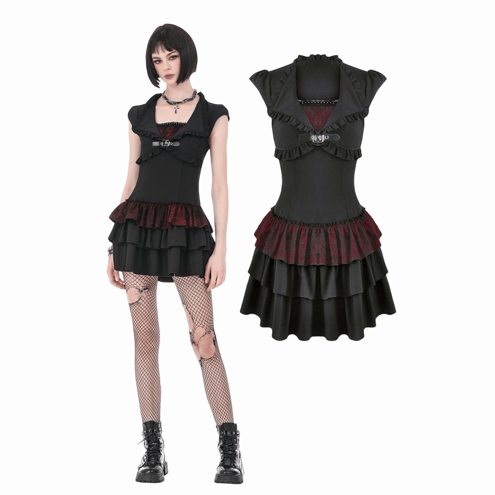 Darkinlove Women's Gothic Double Color Ruffled Short Sleeve Dress