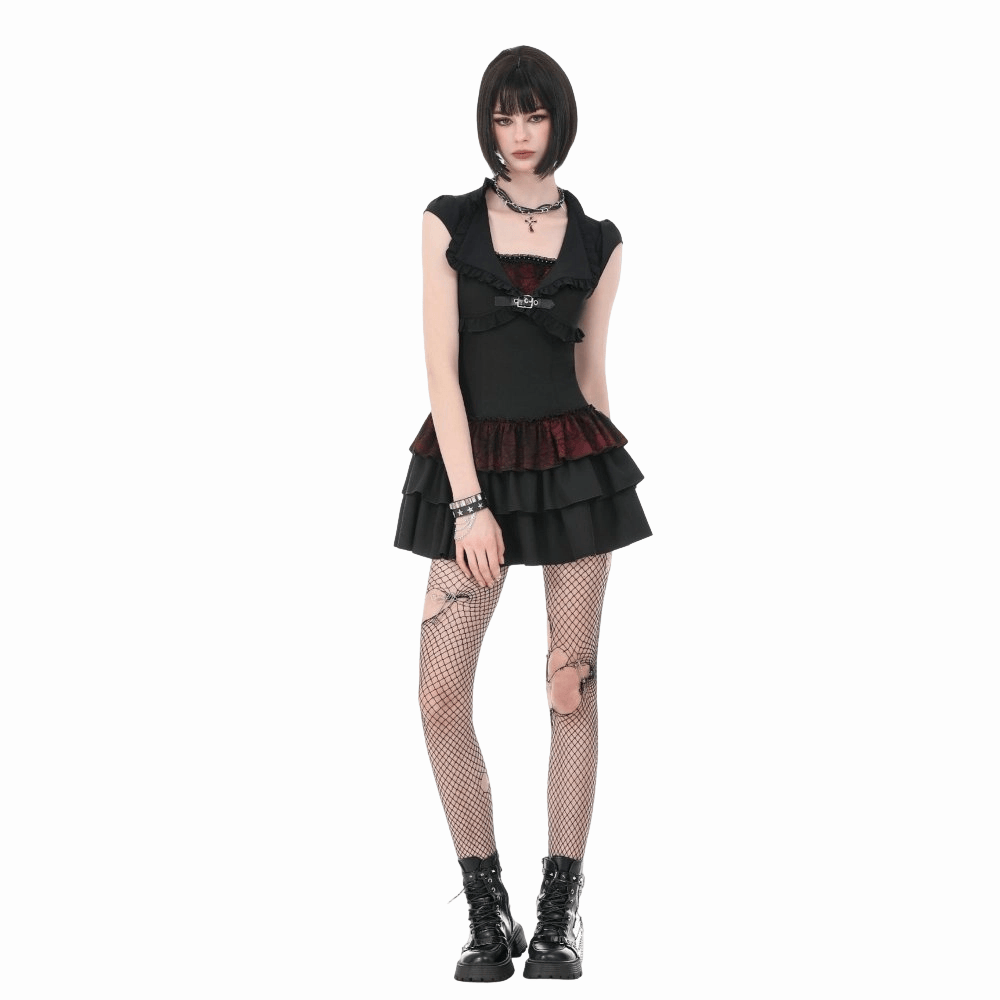 Darkinlove Women's Gothic Double Color Ruffled Short Sleeve Dress