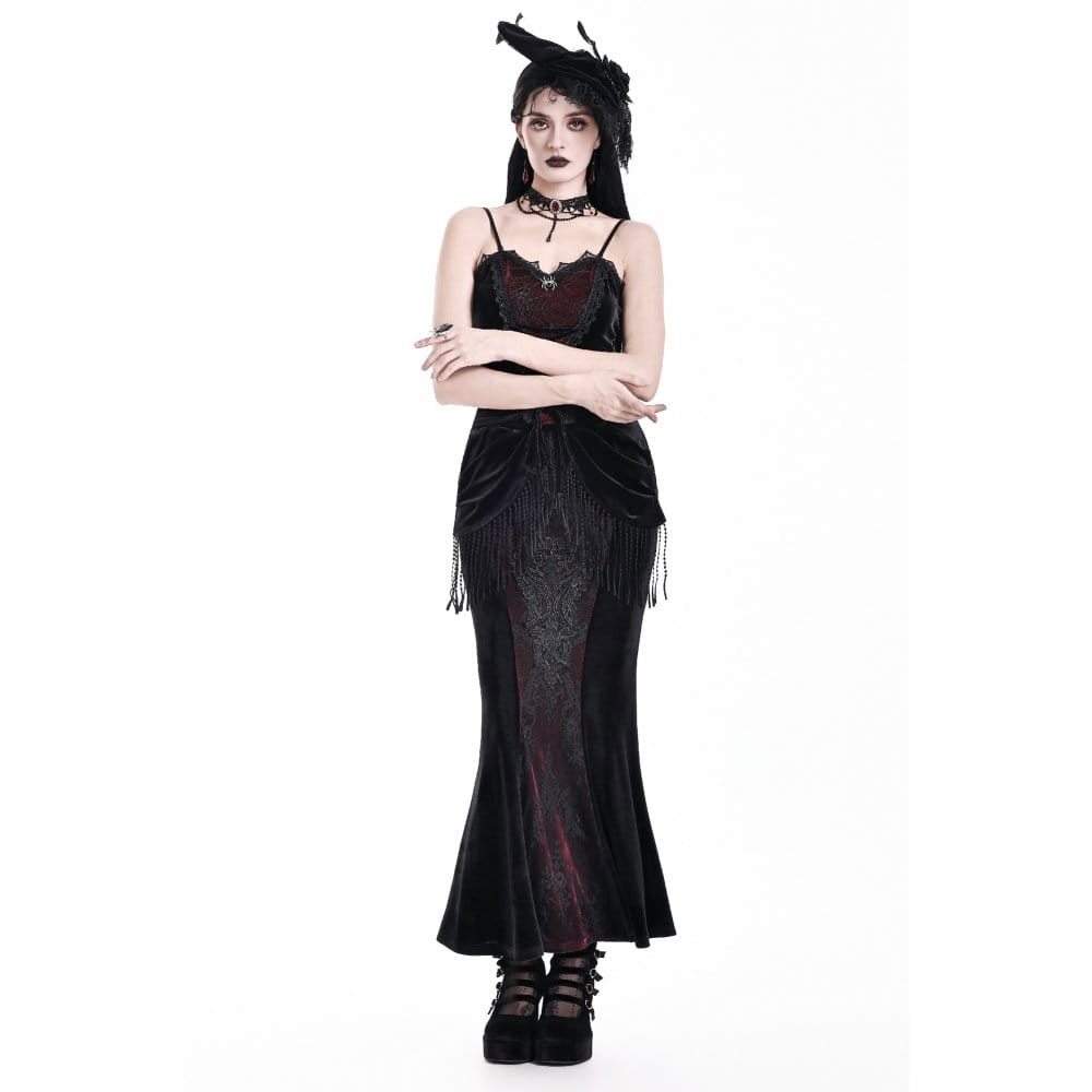 Darkinlove Women's Gothic Draped Tassel Velvet Mermaid Skirt