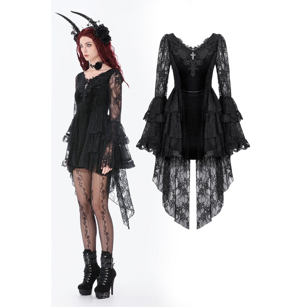 Darkinlove Women's Gothic Embroidered Cross Flared Sleeved Dress