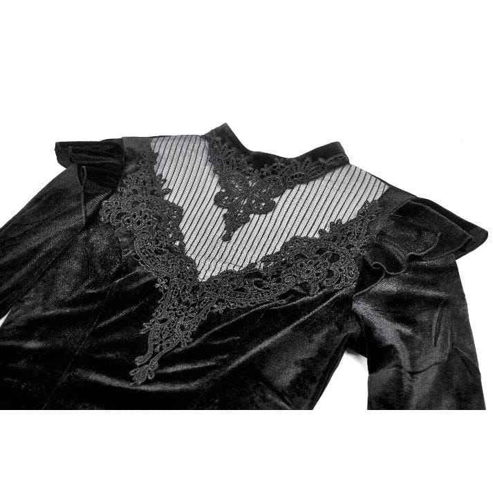 Darkinlove Women's Gothic Embroidered Mesh Splice Sheer Velvet Top