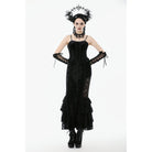 Darkinlove Women's Gothic Embroidered Ruffled Velvet Bustier