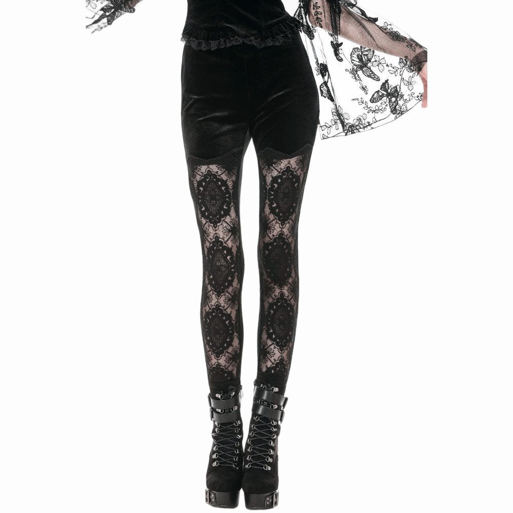 Darkinlove Women's Gothic Embroidered Sheer Lace Patchwork Leggings