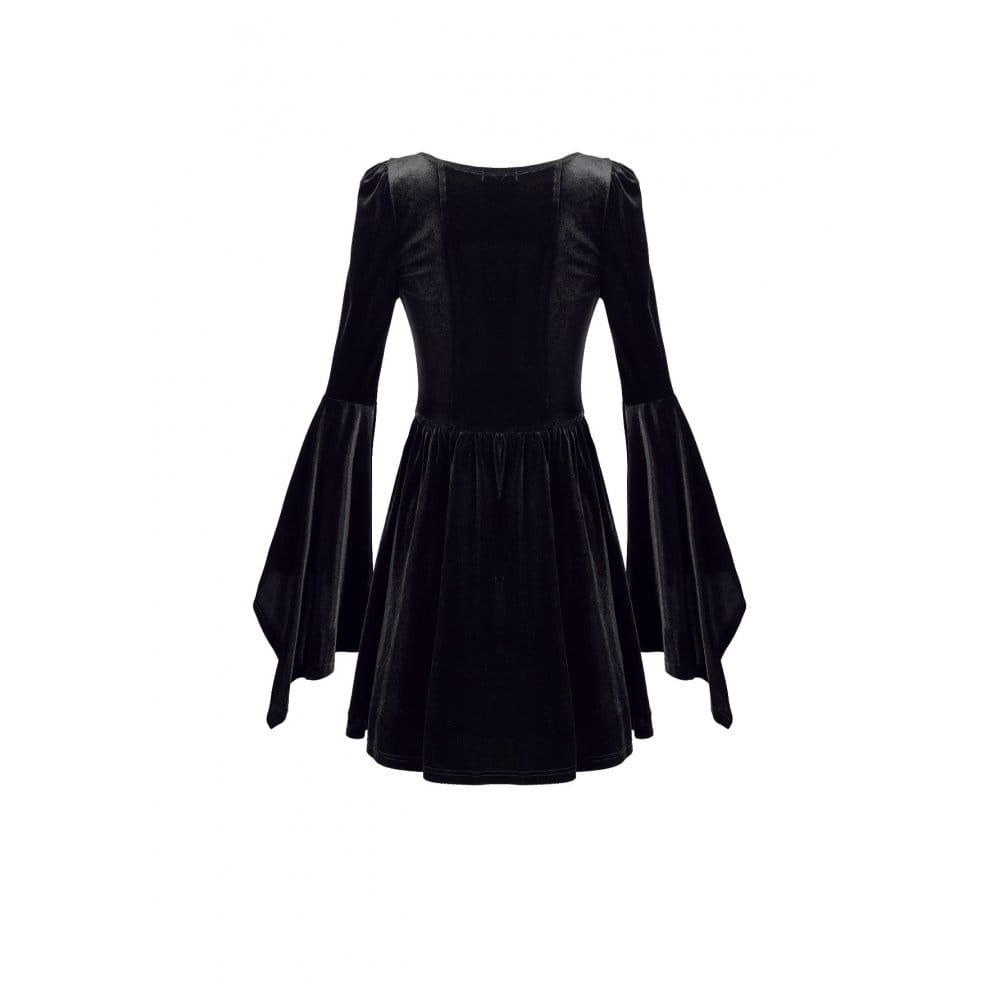 Darkinlove Women's Gothic Embroidered Square Neck Bell Sleeve Velvet Short Dress