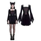 Darkinlove Women's Gothic Embroidered Square Neck Bell Sleeve Velvet Short Dress
