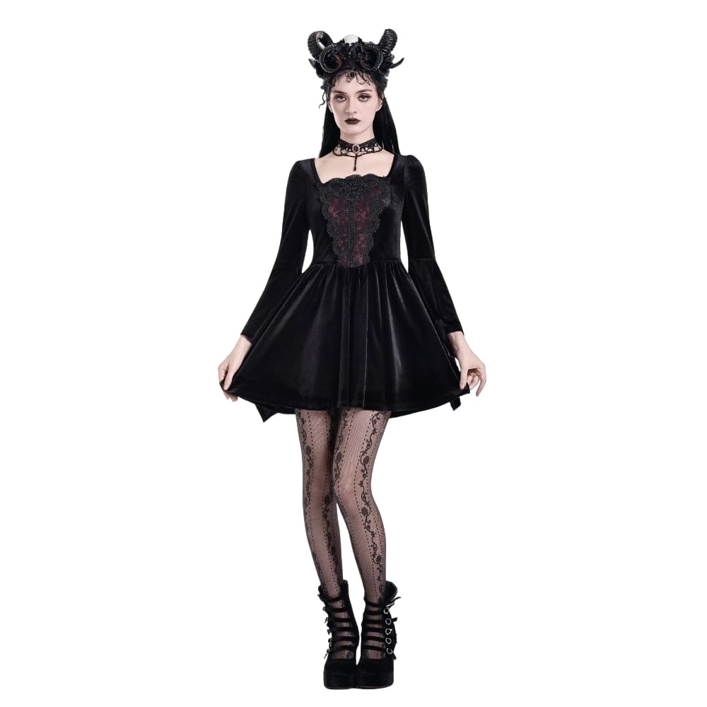 Darkinlove Women's Gothic Embroidered Square Neck Bell Sleeve Velvet Short Dress