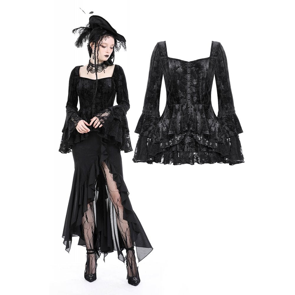 Darkinlove Women's Gothic Falre Sleeved Ruffled Velvet Shirt