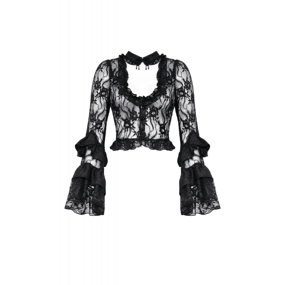 Darkinlove Women's Gothic Flare Sleeved Lace-up Lace Top
