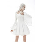 Darkinlove Women's Gothic Flared Sleeved Floral Embroidered Wedding Dress White