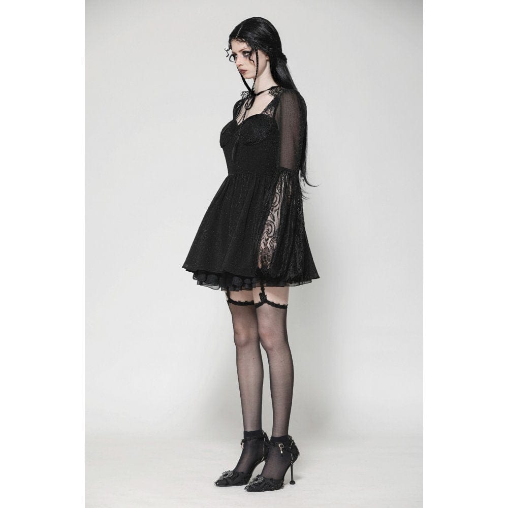 Darkinlove Women's Gothic Flared Sleeved Lace Splice Evening Dress