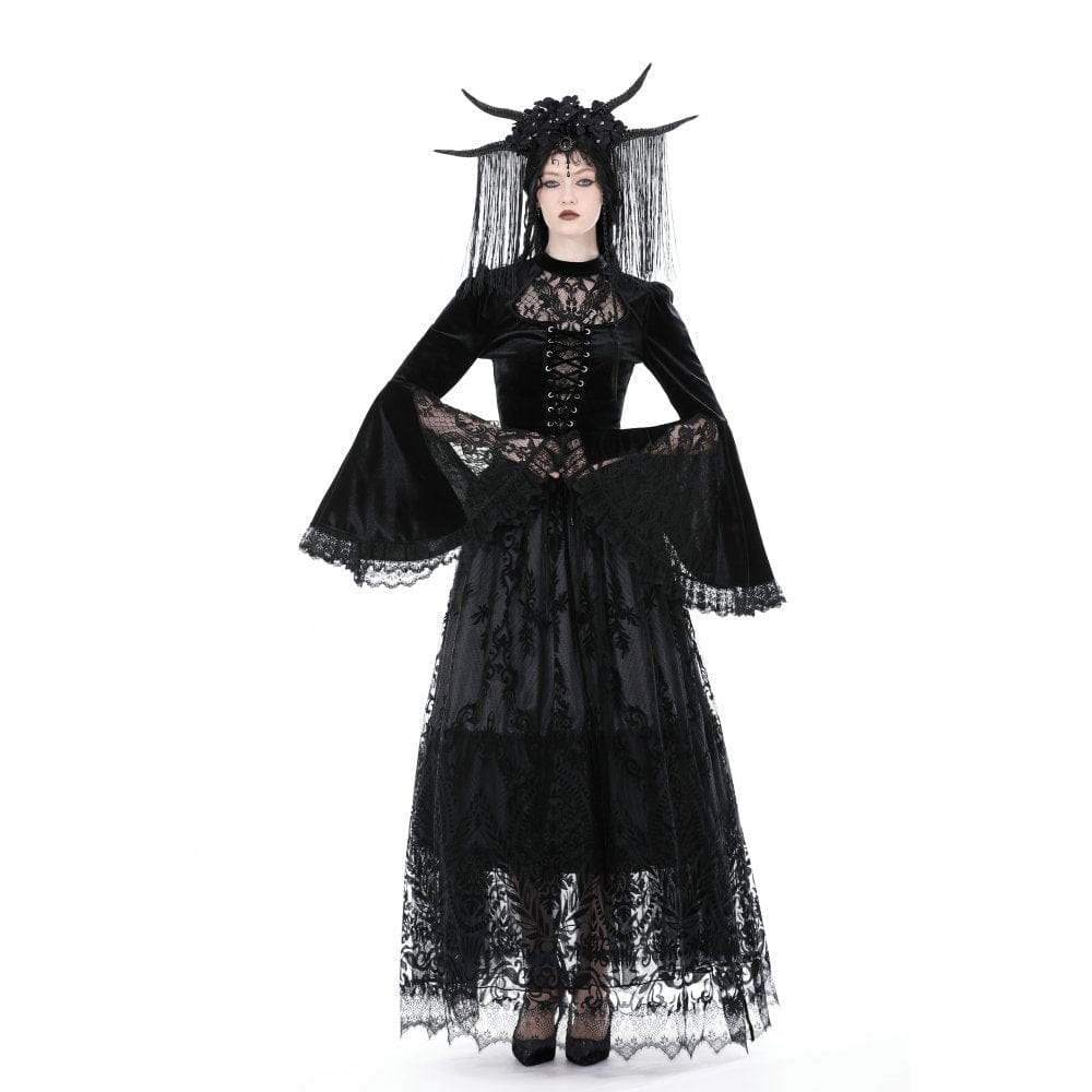 Darkinlove Women's Gothic Flared Sleeved Lace Splice Velvet Shirt