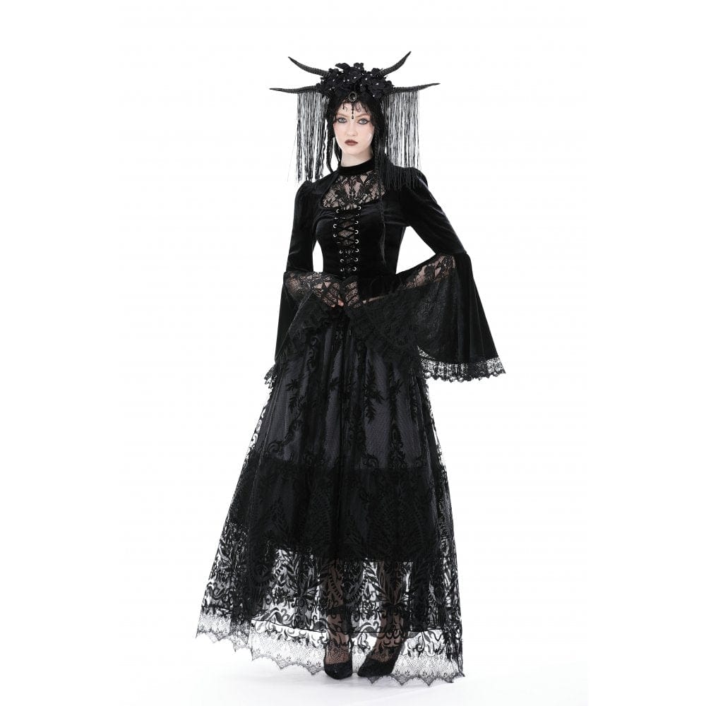 Darkinlove Women's Gothic Flared Sleeved Lace Splice Velvet Shirt