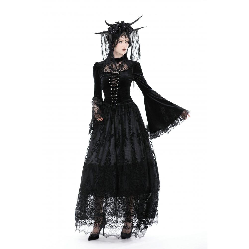 Darkinlove Women's Gothic Flared Sleeved Lace Splice Velvet Shirt