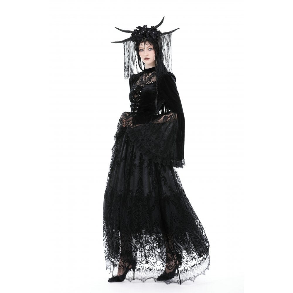 Darkinlove Women's Gothic Flared Sleeved Lace Splice Velvet Shirt