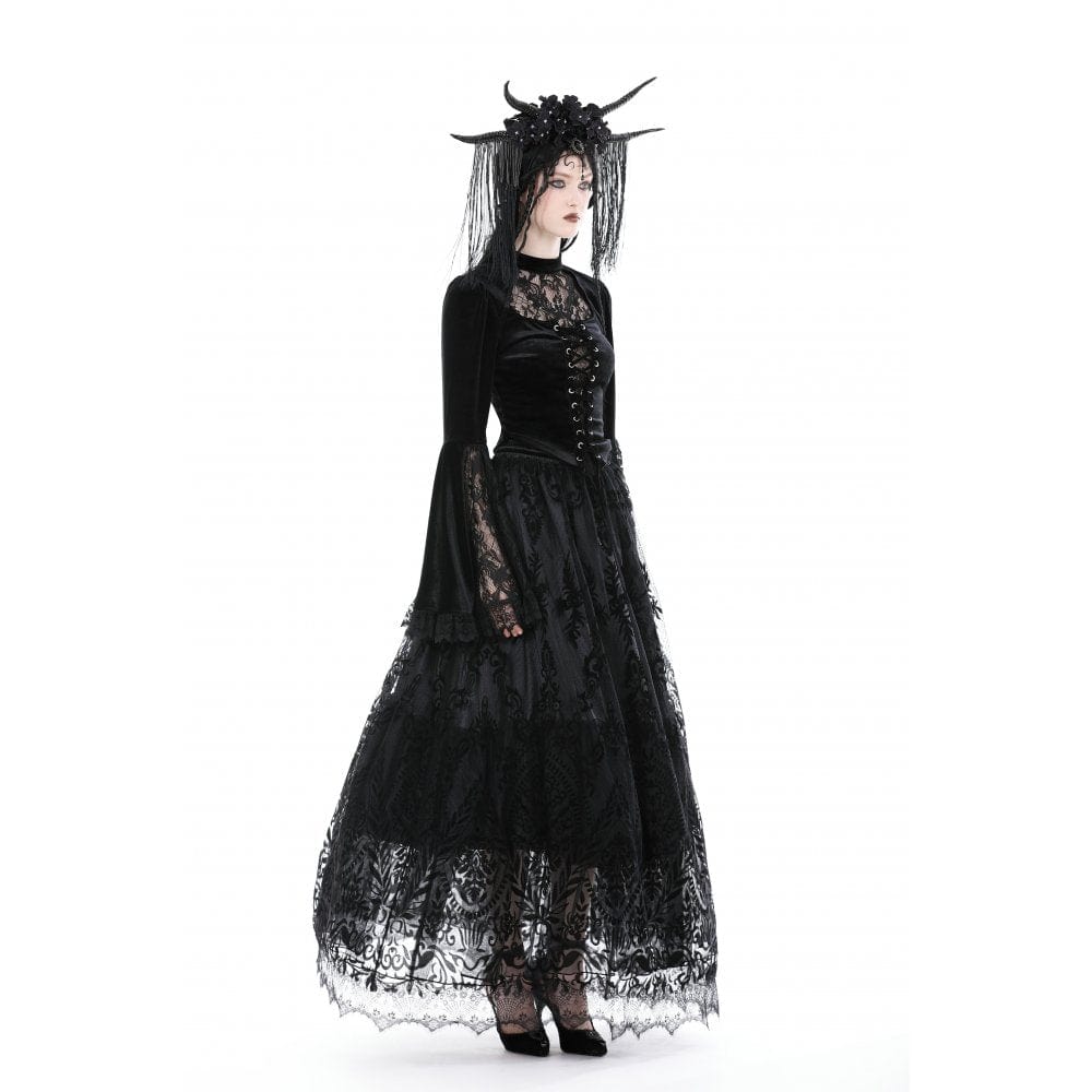 Darkinlove Women's Gothic Flared Sleeved Lace Splice Velvet Shirt